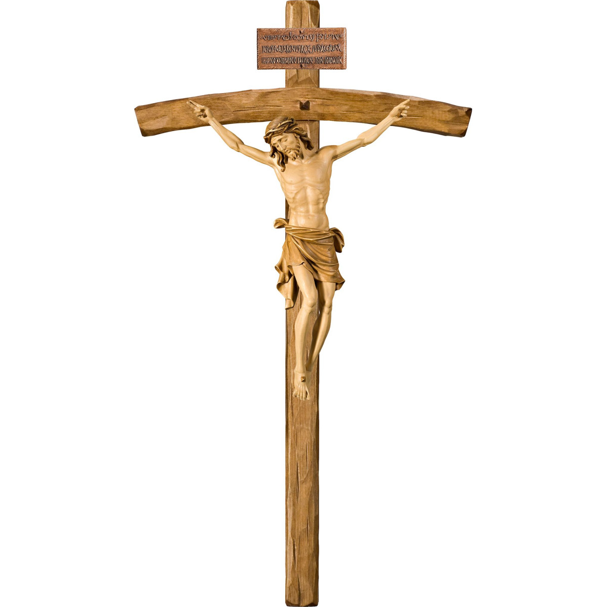 Cristo Pisa en cruz arqueada con Titulus Crucis en hebreo - latín - griego
